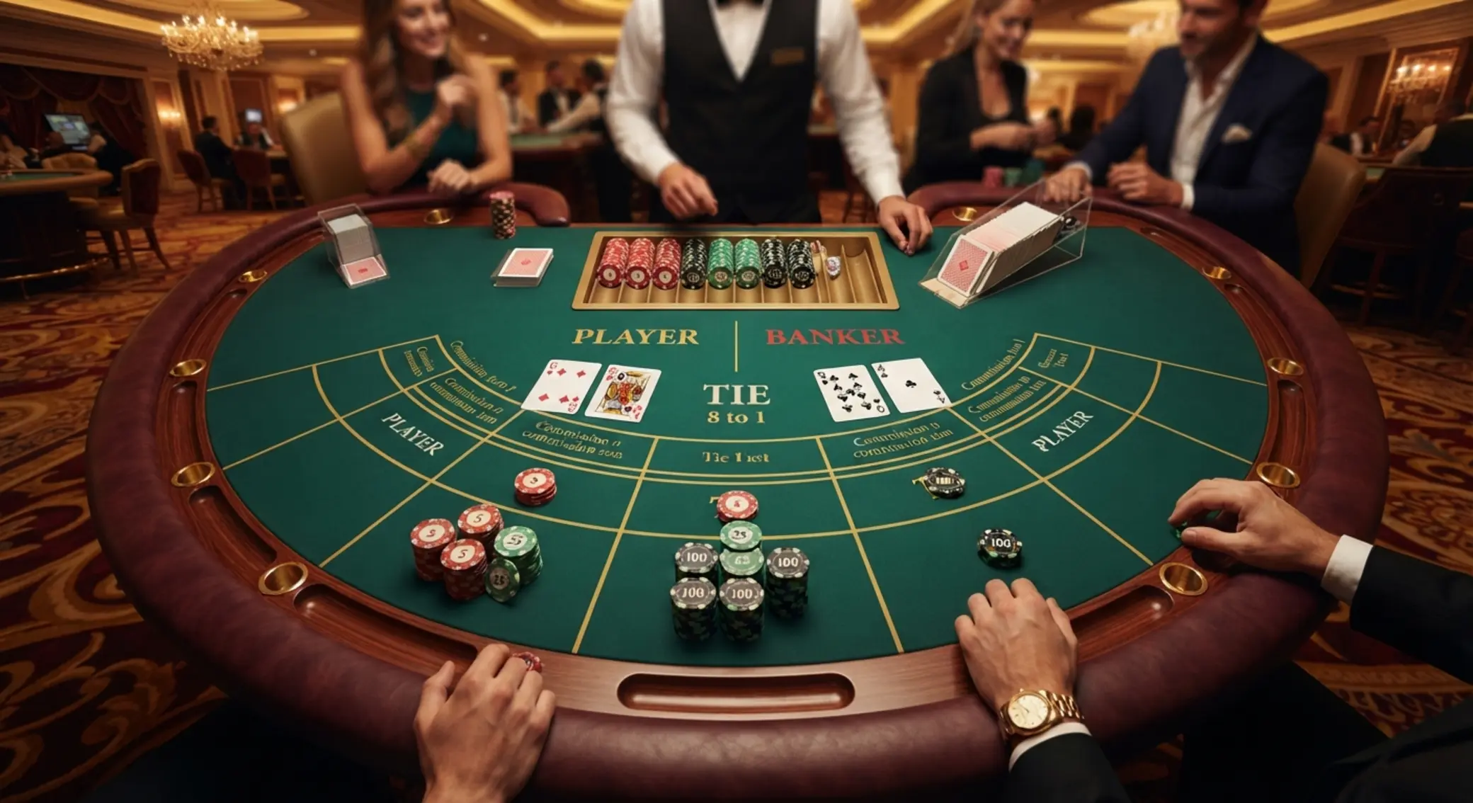 Baccarat asztal felülnézetből Player, Banker és Tie mezőkkel