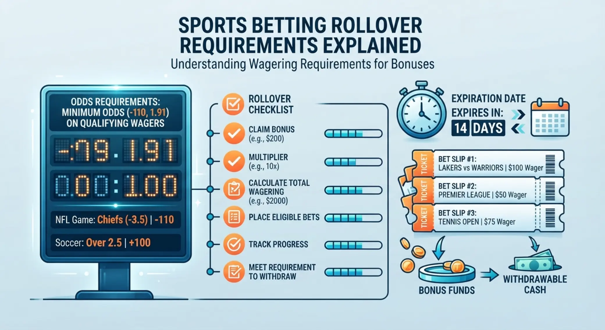 Sportfogadási bónuszfeltételek magyarázata Megforgatási követelmények és odds korlátozások vizuális áttekintése