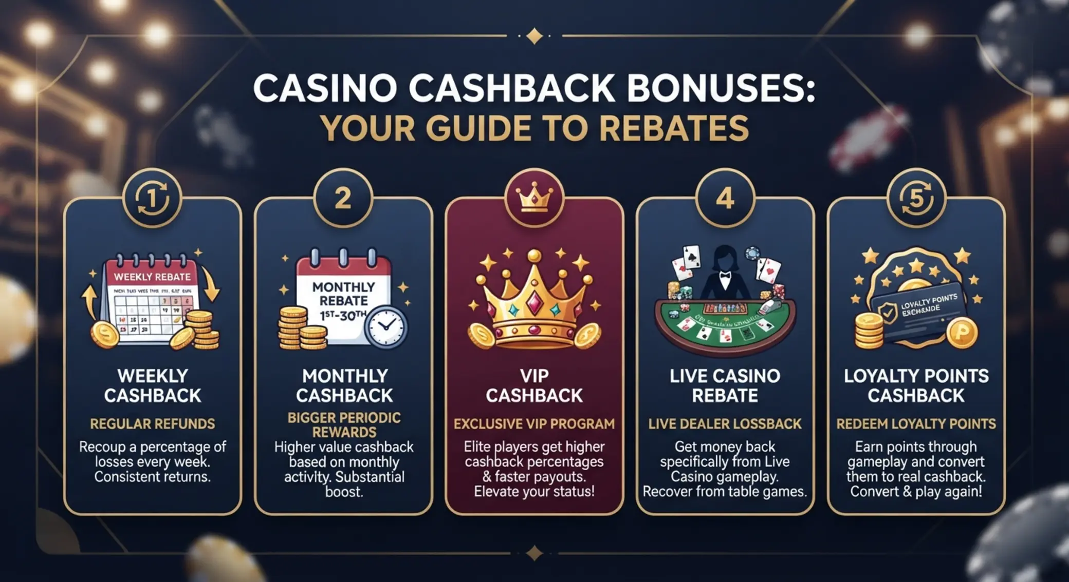 Különböző cashback bónusz típusok ikonikus ábrázolása