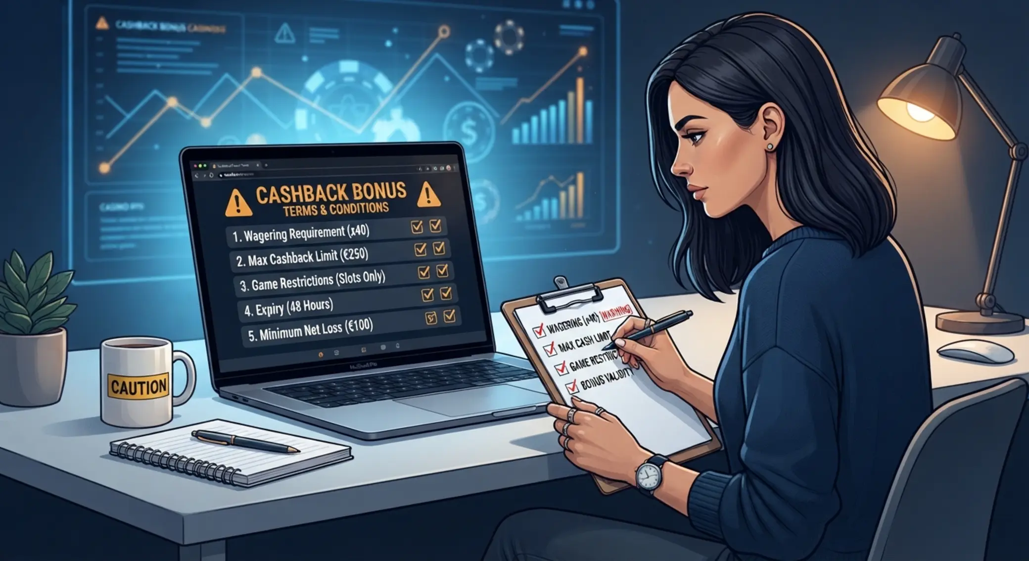 Játékos cashback feltételeket ellenőriz egy ellenőrzőlistán