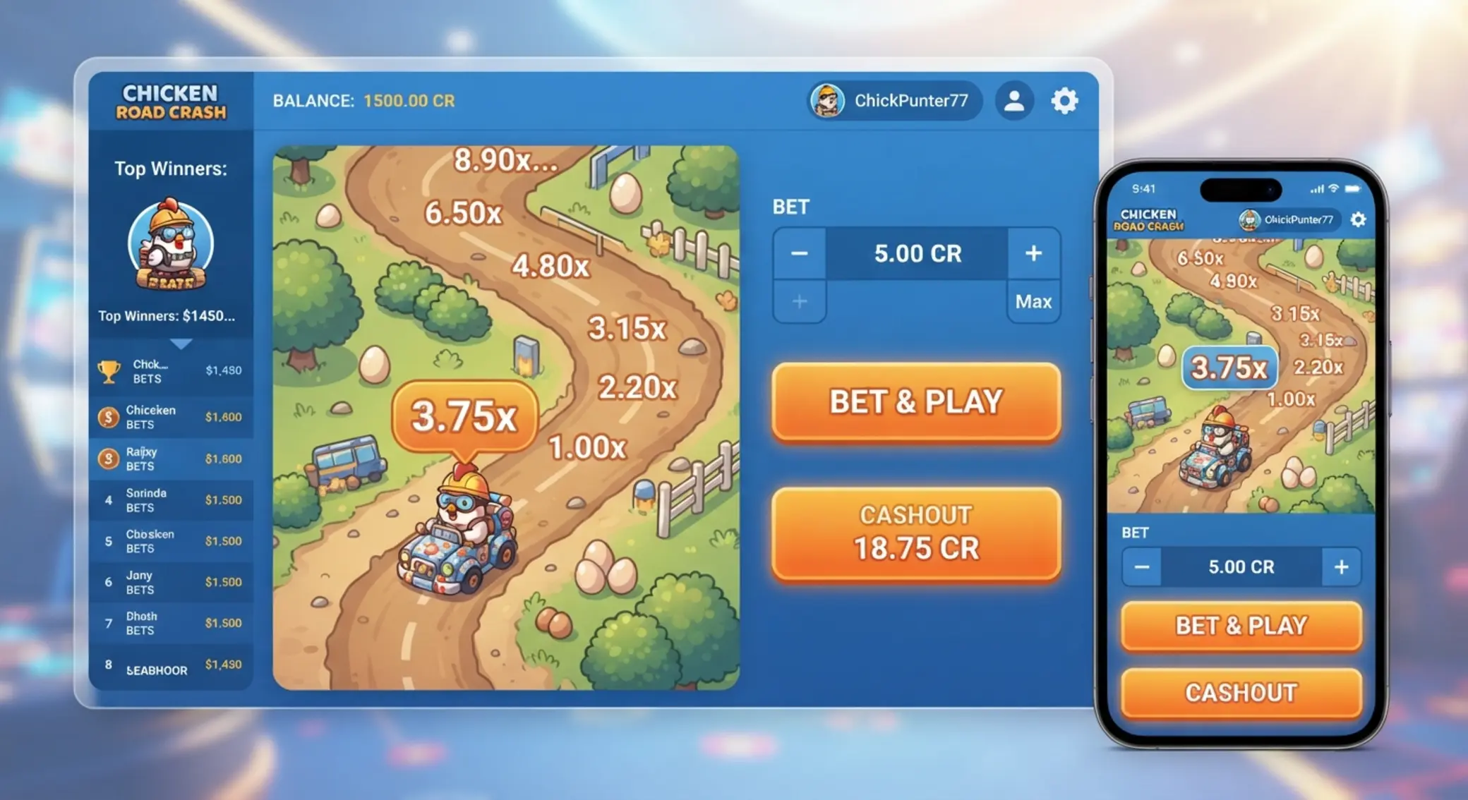 Chicken Road kezelőfelület sematikus képe Chicken Road felület tétmezővel, szorzókkal és Cash Out gombbal