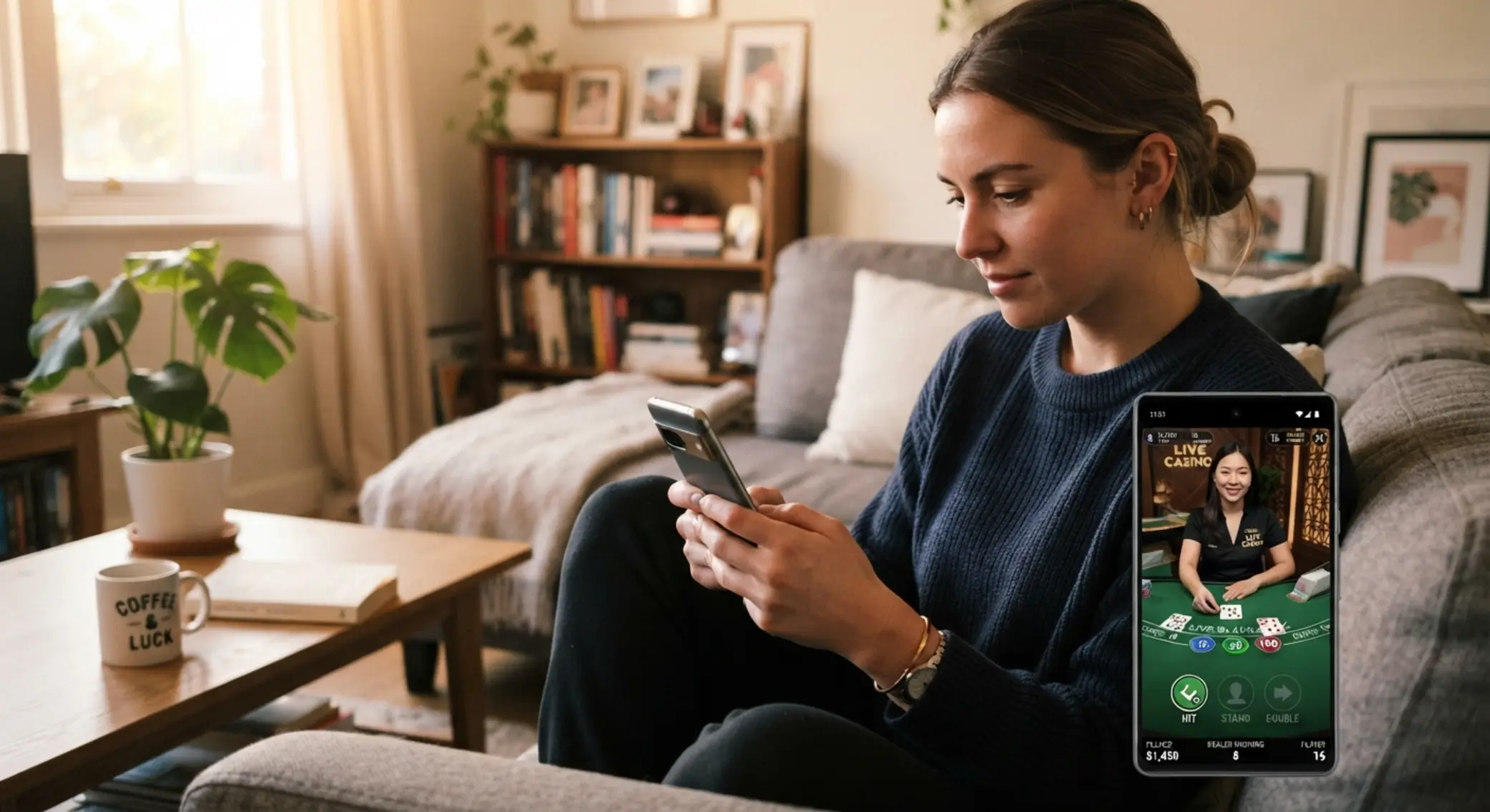 Játékos mobilon élő kaszinó játékot használ otthoni környezetben