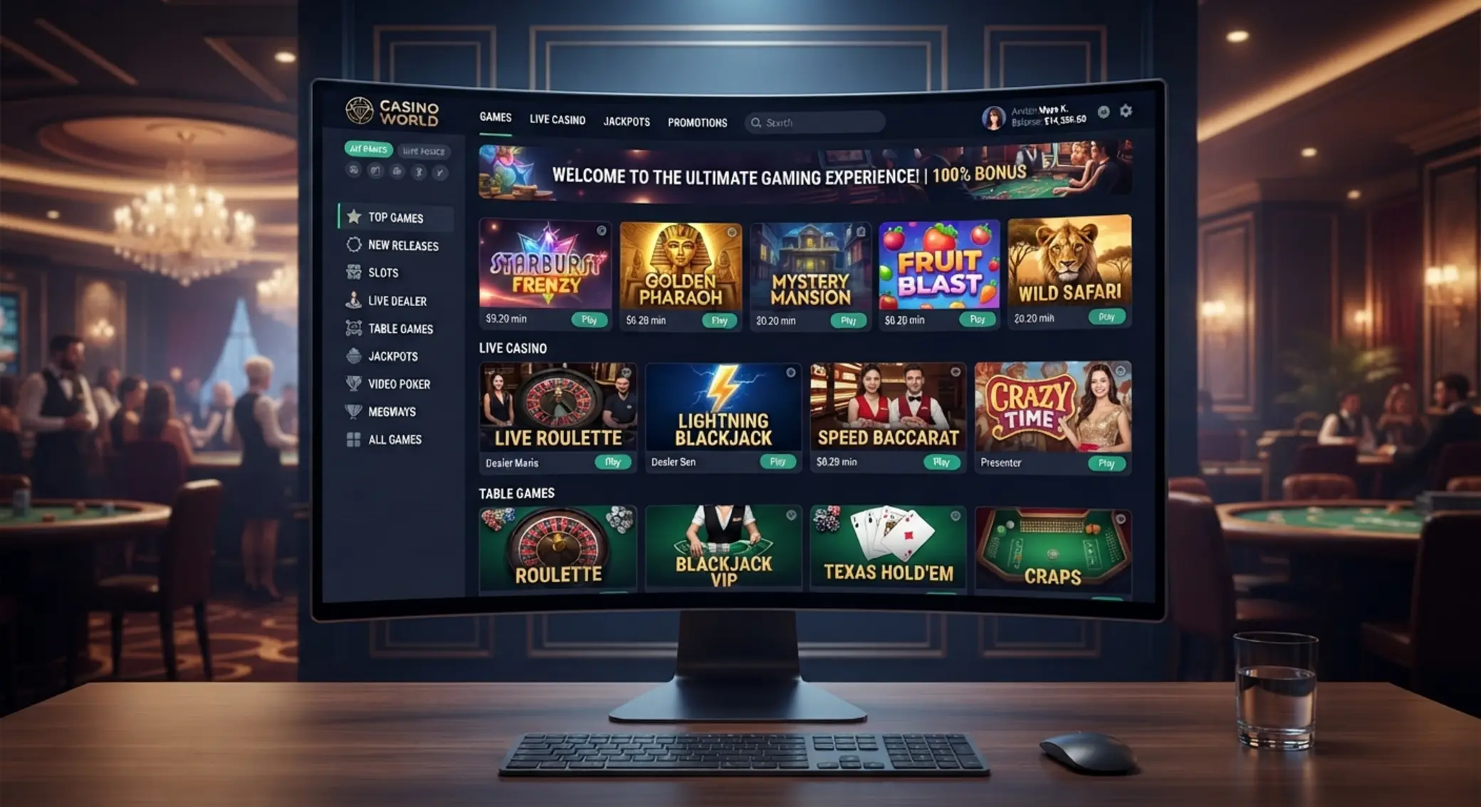 Online kaszinó játéklobby illusztráció