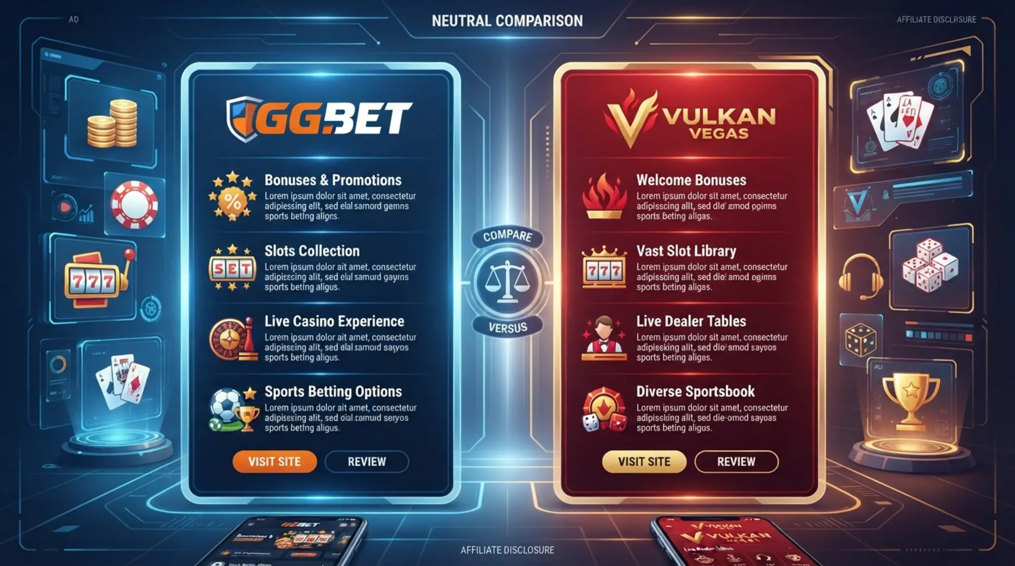 GGBet és Vulkan Vegas kaszinó összehasonlító illusztráció