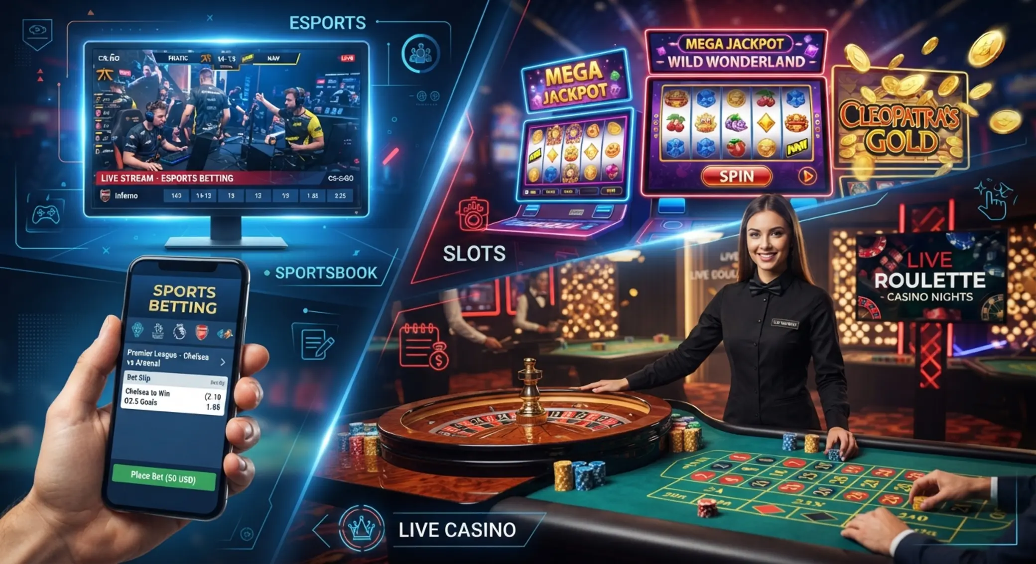 Esport, sportfogadás, nyerőgépek és élő rulett egy képen
