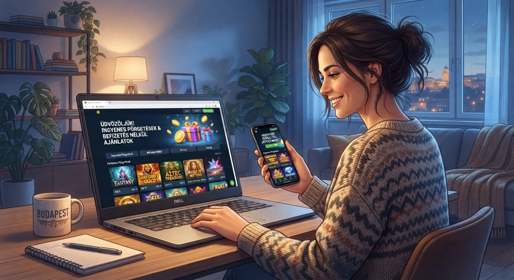 Online kaszinó ajánlatokat néző játékos Free Spins hangulattal