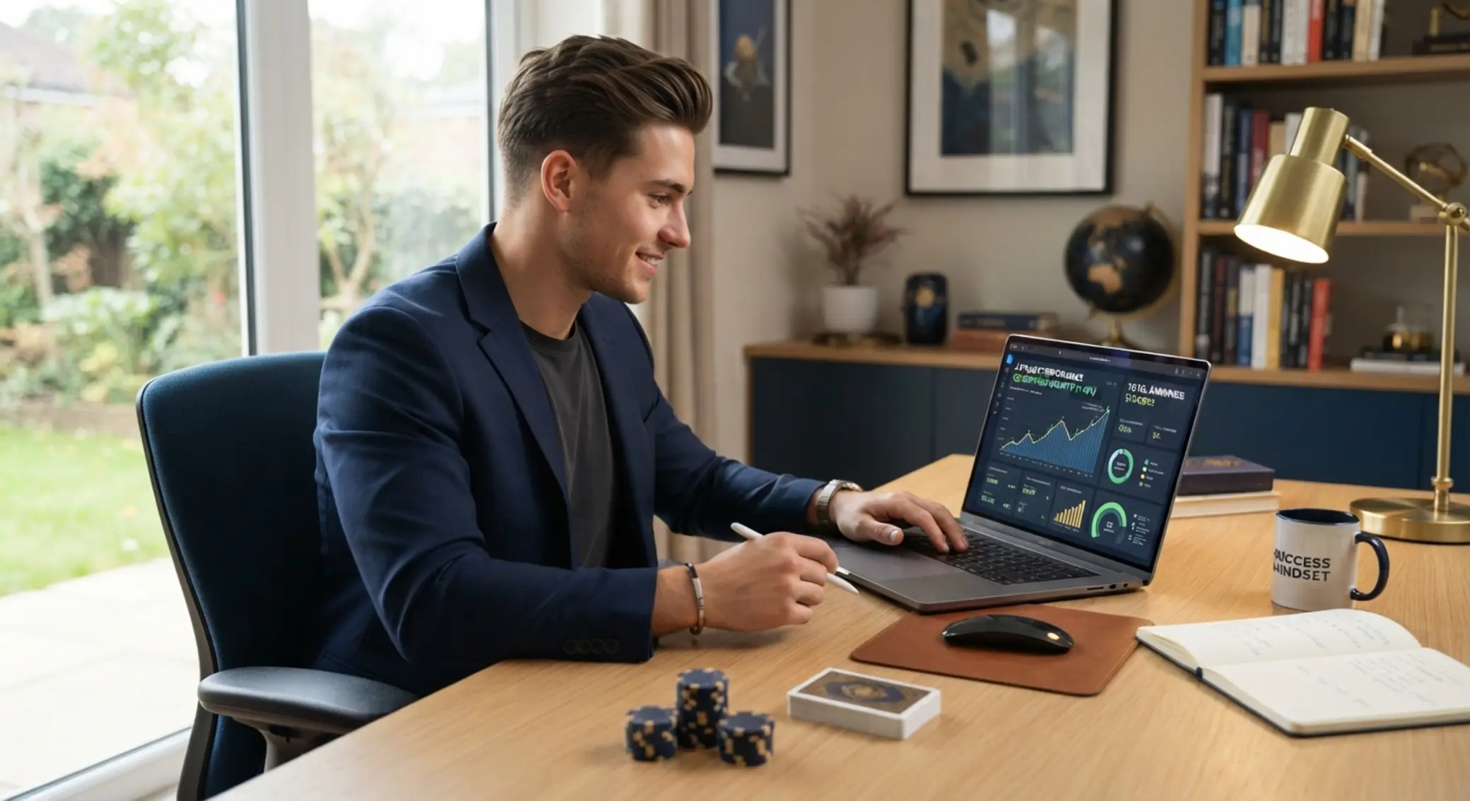 Sikeres affiliate partner laptop előtt növekedési grafikonokkal
