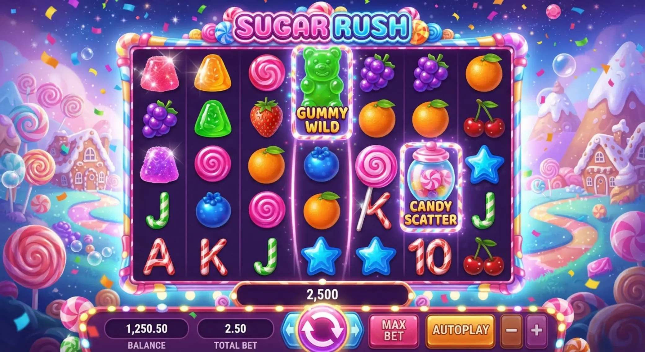 Sweet Bonanza stílusú cukorkás nyerőgép illusztráció